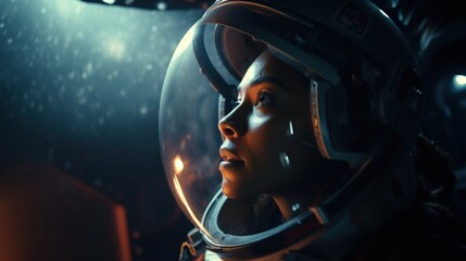 Black female astronaut geared up inside a spaceship - obrazy, fototapety, plakaty