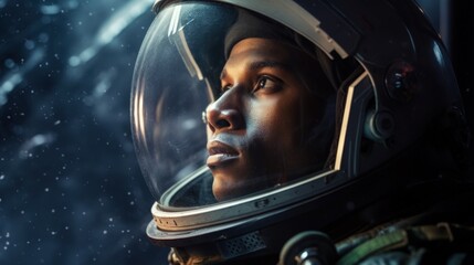 Black astronaut in spacesuit gazing through spaceship window - obrazy, fototapety, plakaty
