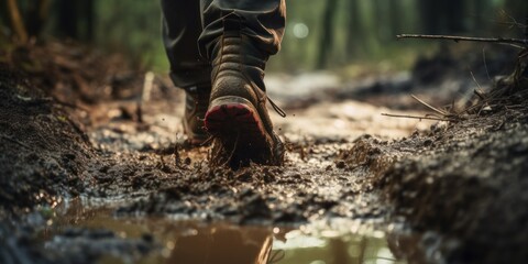 Close-up view of man in hiking boots treading a muddy, rugged path
