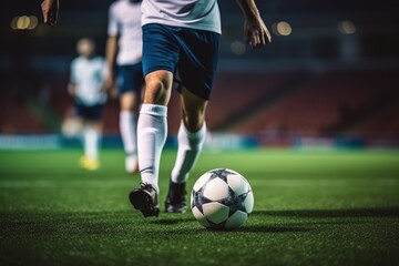 Obraz premium Soccer ball in play on a grassy field, player in background