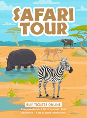 Safari tour flyer. Cartoon african animals. African travel advertising flyer, safari adventure promo vector poster or banner with hippopotamus, zebra, cheetah and buffalo african savannah animals © Vector Tradition