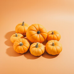 Isometric view of a pile of Halloween pumpkins on a minimal orange background, in the style of Halloween with cheerful bold colors.