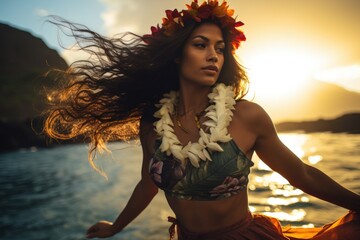A Hawaiian hula dancer's gracious moves captured on a pristine beach, evoking island spirit - obrazy, fototapety, plakaty