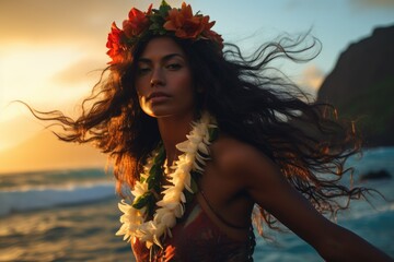Golden sunset illuminating a Hawaiian hula dancer, embodying the essence of the island - obrazy, fototapety, plakaty