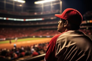 Man with a baseball cap, engrossed in a stadium match - obrazy, fototapety, plakaty
