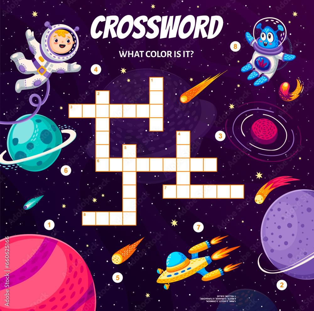 Poster crossword quiz game, cartoon starry galaxy, space planets and characters, vector worksheet. kid spac