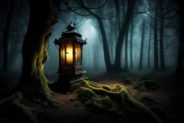 eerie, surreal scene with an ancient, glowing lantern in a pitch-black forest.