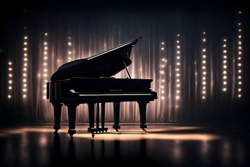 a black piano on a stage with spotlights background.
