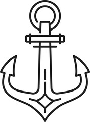 Maritime boat or vessel anchor thin line icon. Marine cruise ship iron hook line sign, naval vessel heavy equipment or Navy boat metal anchor, ocean or sea travel outline vector icon or pictogram