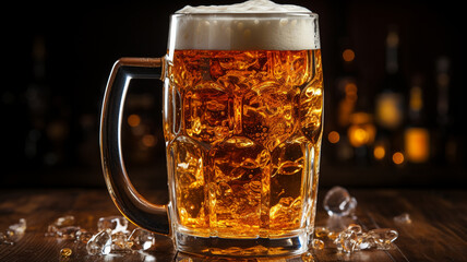 beer glass with foam on a wooden table.