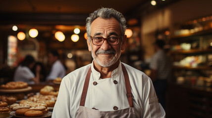 Fototapeta premium smiling senior male in apron standing near oven in bakery