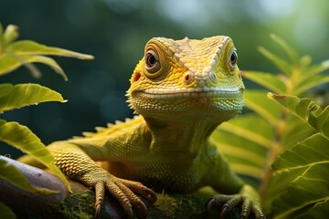 Close-up of stunning Indonesian lizard on olive tree leaves with natural backdrop. Generative AI