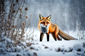 A cunning fox hunting for prey in the snow.