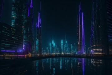 Fototapeta na wymiar futuristic cityscape with towering skyscrapers illuminated against a black sky.
