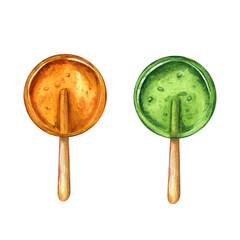 Transparent colorful circle caramels. Green, yellow candies, bonbons, lollipop, sugar caramels on stick. Watercolor illustration. For candy shop, store, postcard