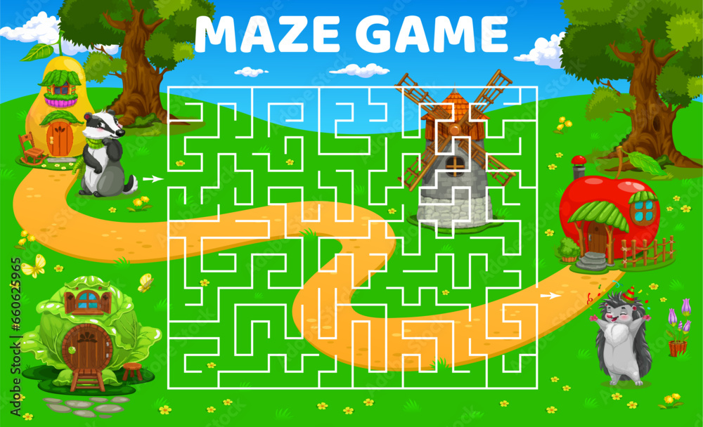 Poster labyrinth maze game with fairytale cartoon buildings and animals. kids vector worksheet with happy b