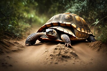 A wise tortoise slowly crossing a dirt path.