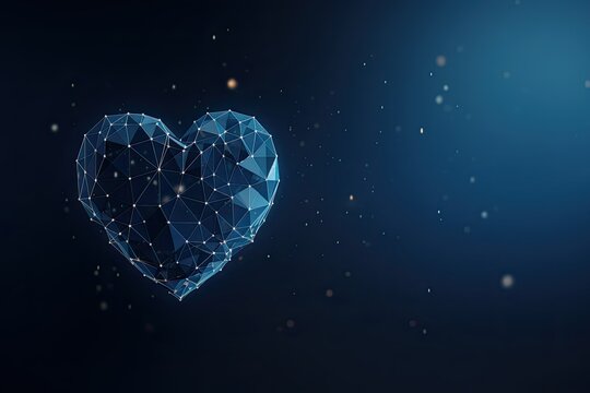 Banner of blue Polygonal wireframe model of a heart consisting of lines and dots and geometric shapes on a dark background. space for text