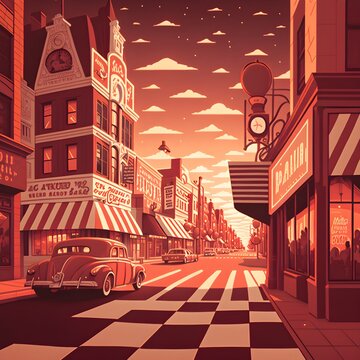 Wide exterior shot of a main street a warm glow emanates from the lights 1950s vintage pop aesthetic red and white checker highly detailed promotional art 