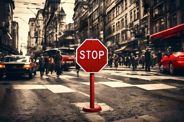 a red stop sign on a busy street background. - Powered by Adobe