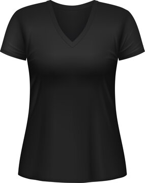 Black women tshirt isolated 3d vector apparel mockup. Realistic female garment, underwear clothes. Blank wear clothing design, outfit object with short sleeves and triangular neck line front view