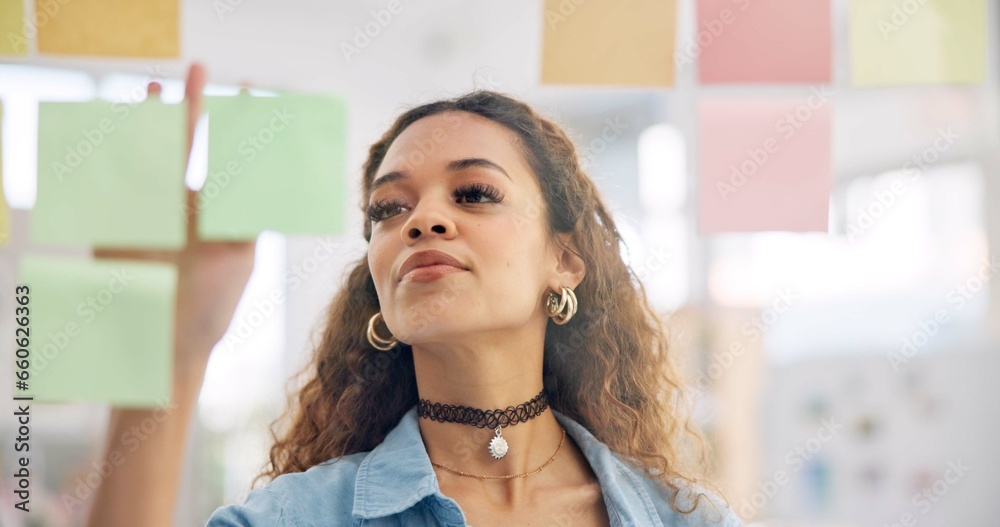 Sticker Sticky note, board or face of woman planning project development, startup ideas or entrepreneur objectives. Moodboard, retail sales strategy or person brainstorming process, decision or solution plan