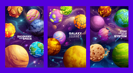Cartoon galaxy space planets poster. Universe discovery, galaxy travel or cosmos adventure vector banners or posters. Astronomy flyer with fantastic alien galaxy and Solar System planets, nebula stars