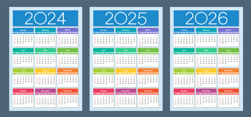 Colorful calendar for 2024, 2025 and 2026 years. Week starts on Sunday. Vertical calendar design template. Basic grid. Isolated vector illustration.