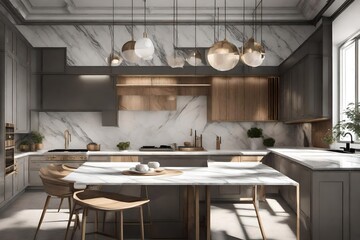 a visualization of a high-end kitchen with marble countertops.