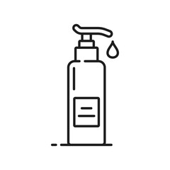 Lotion bottle icon, skincare of face and hand skin, cosmetic pump tube, vector linear pictogram. Lotion bottle or cream moisturizer, shower gel or shampoo, liquid soap or sanitizer linear icon