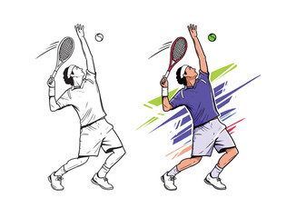 tennis player hitting the ball action figure gesture colorful detailed vector illustration