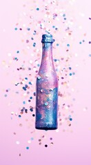 A mesmerizing image showcasing a tall, slender bottle, its exterior adorned with splashes of blue, pink, and glitter. The bottle stands against a soft pink background, with multicolored confetti dots