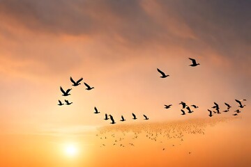 flock of migrating geese flying in a V formation against a sunset sky.