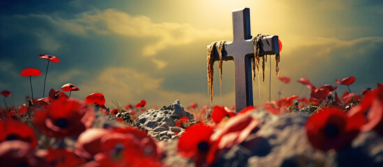 A grave cross in an areas of poppies. AI generated. - obrazy, fototapety, plakaty