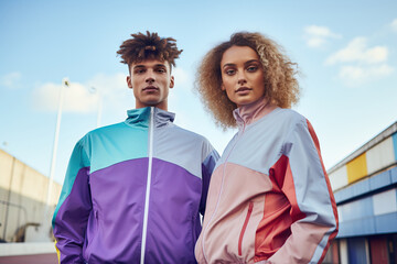 Young duo dressed in vibrant multi-colored jackets pose outdoors