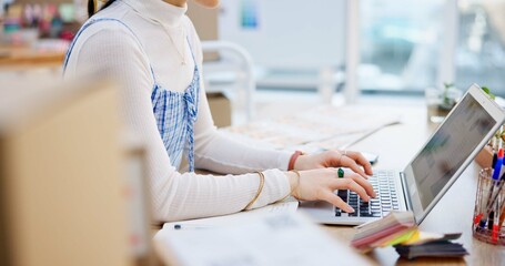 Ecommerce, hands of woman at laptop with typing and writing sales report for work at fashion...