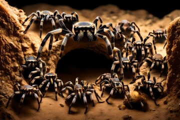 A group of tarantulas crawling in a desert burrow. - obrazy, fototapety, plakaty
