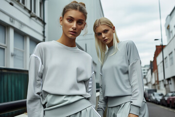 Two young women in white tops pose in front of a classic city building, showcasing modern fashion