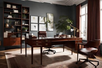 a sophisticated home office with a mahogany desk.