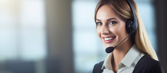 beautiful female friendly customer support service operator with headset working in call center.
