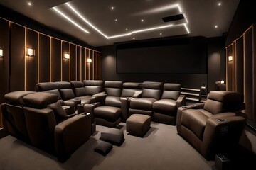 a home cinema with plush recliners and acoustic panels.