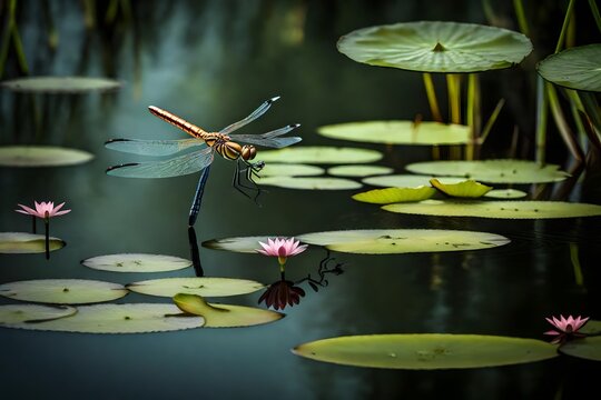 dragonfly hovering over a serene pond with lily pads.