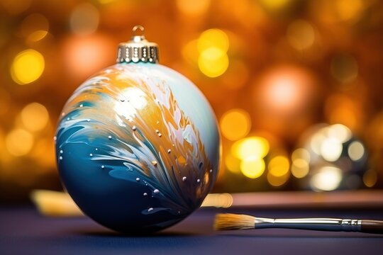 A hand-painted Christmas toy with blue, white and gold curls, a brush next to it, on a background of golden bokeh.