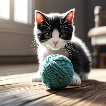 Playful Little Kitten Chasing Yarn Ball with Joy. generative AI