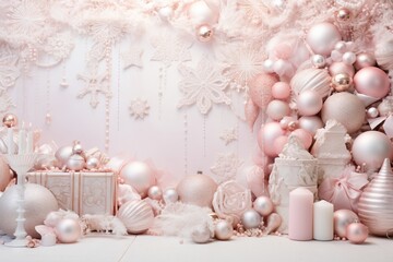 Luxurious Christmas setup with soft-colored decorations, candles, and intricate design patterns.