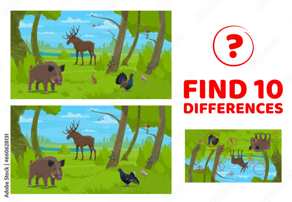 Sticker Find ten differences of cartoon forest animals, vector puzzle worksheet. Kids quiz game to find ten differences of elk or moose, wild boar and forest blackcock grouse with rabbit, partridge and ducks