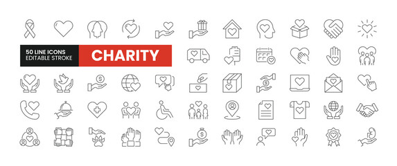 Set of 50 Charity & Donation line icons set. Charity outline icons with editable stroke collection. Includes Charity, Donation, Volunteer, Disability, Humanitarian and More.