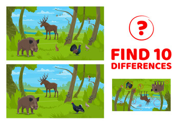 Find ten differences of cartoon forest animals, vector puzzle worksheet. Kids quiz game to find ten differences of elk or moose, wild boar and forest blackcock grouse with rabbit, partridge and ducks