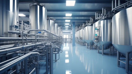 Equipment dairy plant, milk factory industry. Stainless steel storage and processing tanks. - obrazy, fototapety, plakaty