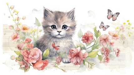 A watercolor painting of a kitten surrounded by flowers and butterflies